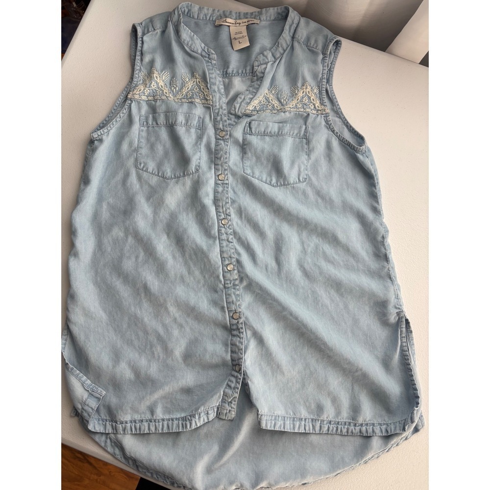 American Rag Embroidered‎ Denim Tunic Top Sleeveless Casual Light Blue L
